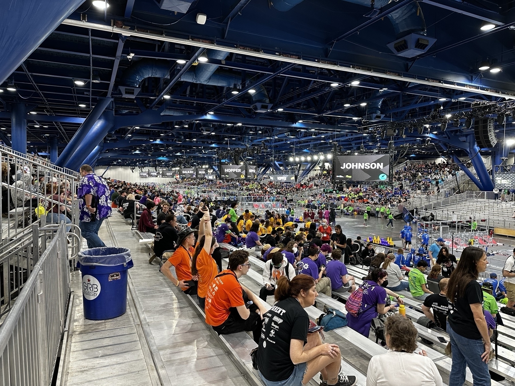 Interior picture of the giant Houston convention center filled with 8 robotics competition fields
