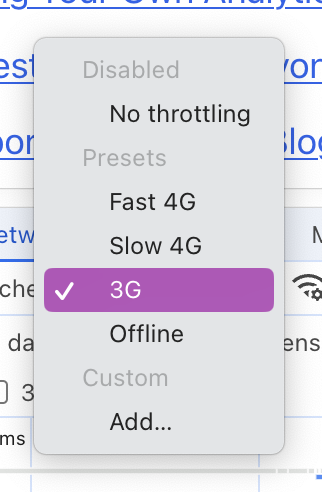 Chrome dev tools option to change internet speed, with 3G selected.